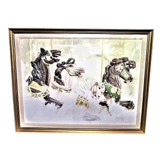 1980s Hershey Park Carousel Horses, Original Watercolor Painting, Nancy Strailey Original, Beautifully Framed (44x32.5) For Sale