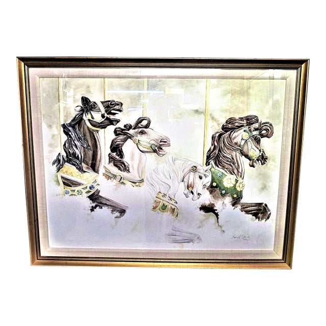 1980s Hershey Park Carousel Horses, Original Watercolor Painting, Nancy Strailey Original, Beautifully Framed (44x32.5) For Sale
