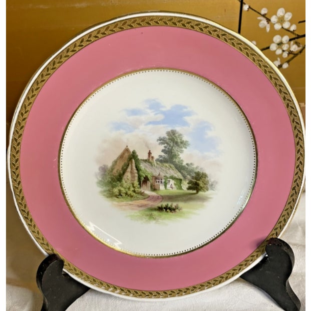 Late 19th Century Antique 19th Cen Minton Topography Plates Pink Border Gold Trim 9" Dia For Sale - Image 5 of 10