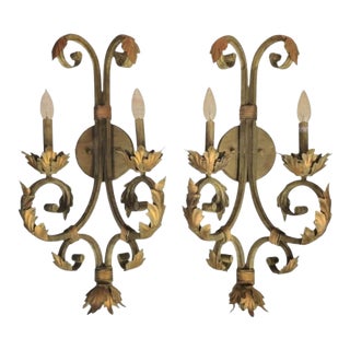 Vintage Iron Dusty Green/Gold Large Palm Beach Regency Leaf Wall Lamps Sconces Fixtures- A Pair For Sale