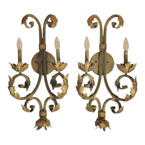 Vintage Iron Dusty Green/Gold Large Palm Beach Regency Leaf Wall Lamps Sconces Fixtures- A Pair