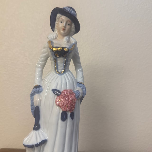 Vintage Mid-Century Glazed Porcelain Figurine of a Victorian Lady With Parasol For Sale - Image 12 of 12