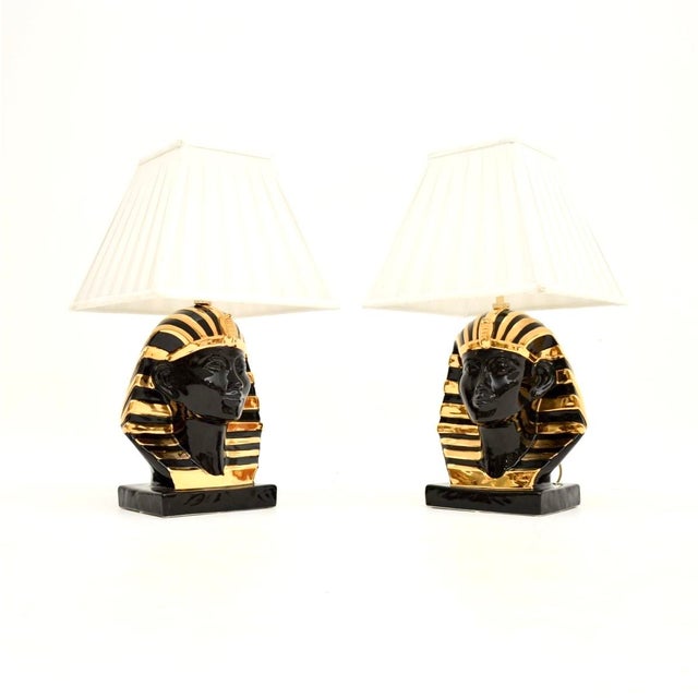 A fabulous pair of vintage Italian ceramic Pharaoh table lamps. They were made in England, they date from around the...