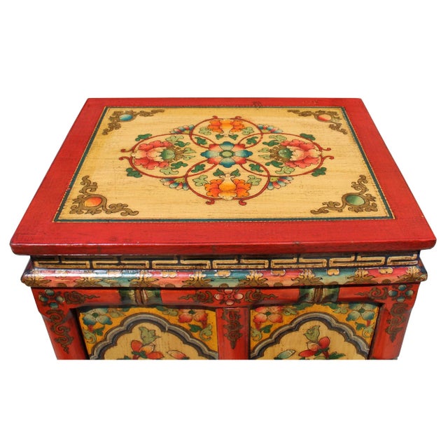 2000 - 2009 Orange Yellow Tibetan Floral End Table Nightstand Cabinet For Sale - Image 5 of 8