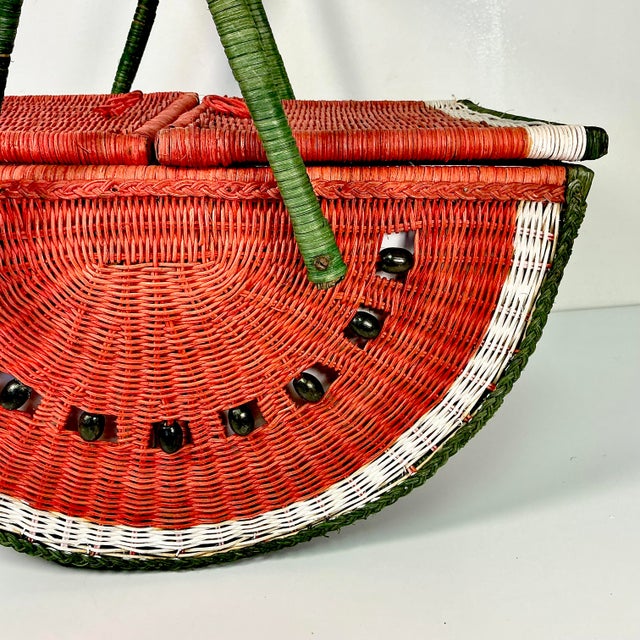 Ruby Red 1980s Vintage Boho Chic Arts & Crafts Trompe L’Oeil Watermelon Wicker Picnic Basket. For Sale - Image 8 of 18