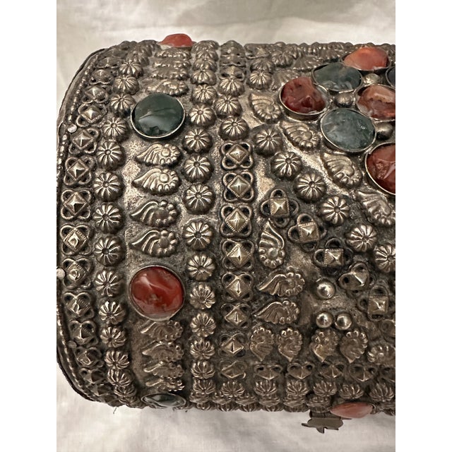 Wood Vintage Moroccan Semi-Presious Gemstone & Silver Inlaid Jewelry/Trinket Box For Sale - Image 7 of 9