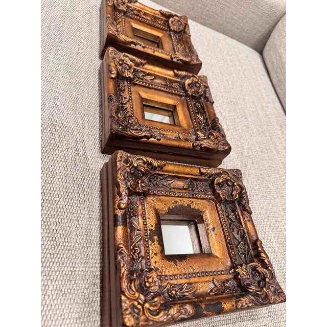 Gold Vintage Hollywood Regency Gold Gilt Baroque Inset Wall Mirrors - Set of 3 For Sale - Image 8 of 9
