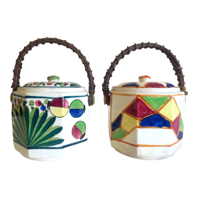 Vintage 1930's Art Deco Japan Hand Painted Porcelain Handled Ceramic Biscuit Barrel Jars - Set of 2 For Sale