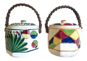 Vintage 1930's Art Deco Japan Hand Painted Porcelain Handled Ceramic Biscuit Barrel Jars - Set of 2