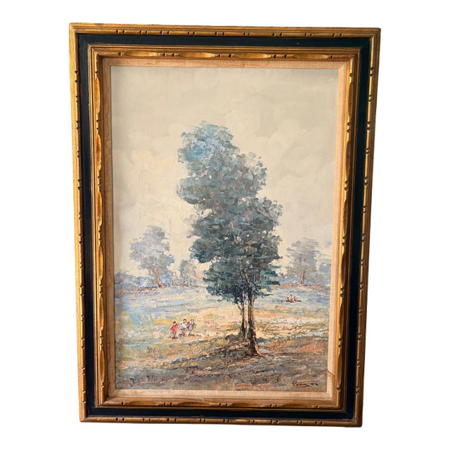 Vintage Signed Impressionist Landscape Oil Painting With Figures in Gilt Wood Frame For Sale