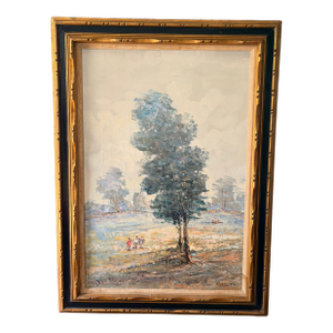 Vintage Signed Impressionist Landscape Oil Painting With Figures in Gilt Wood Frame