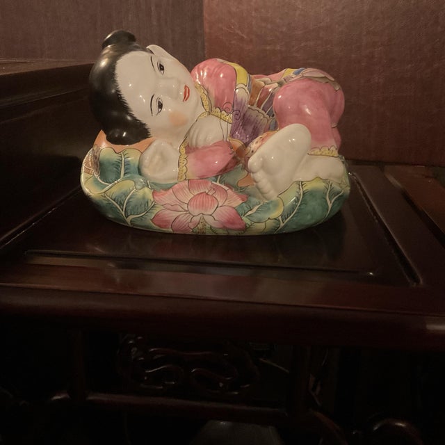 Chinese Vintage Ceramic Glazed Little Girl Figurine Resting on a Pillow For Sale - Image 3 of 8