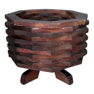 Midcentury Stacked Wood Tripod Planter For Sale