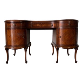 Antique French Provincial Louis XV Style Mahogany Kidney Desk With Marquetry Inlay For Sale