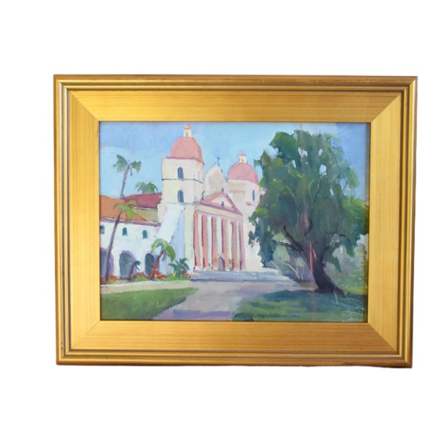 Mid 20th Century Santa Barbara Mission Church Landscape by Listed Artist Silvio Silvestri Oil Painting Including the Antiqued Gold Wood Frame For Sale - Image 5 of 9
