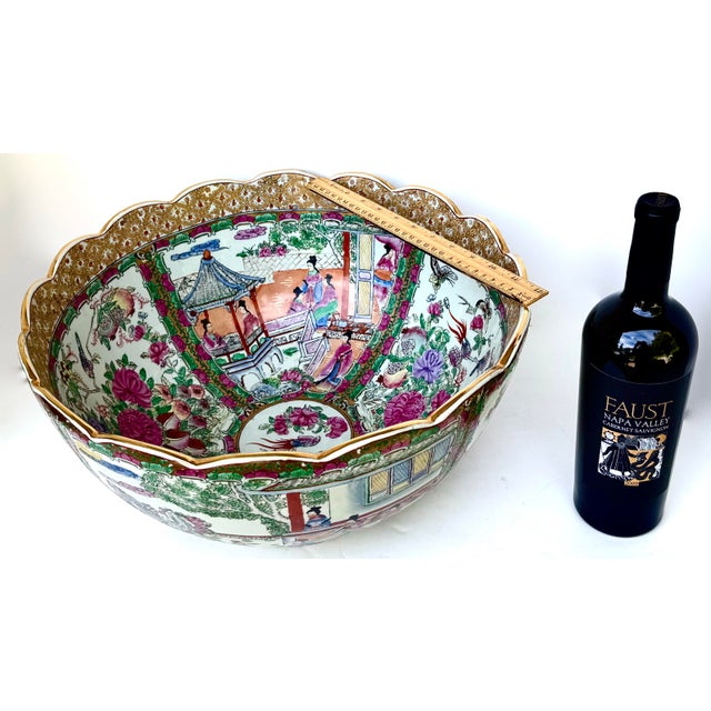 Very fine quality Post War Chinese export; large centerpiece presentation hand painted porcelain punch bowl in the Famille...