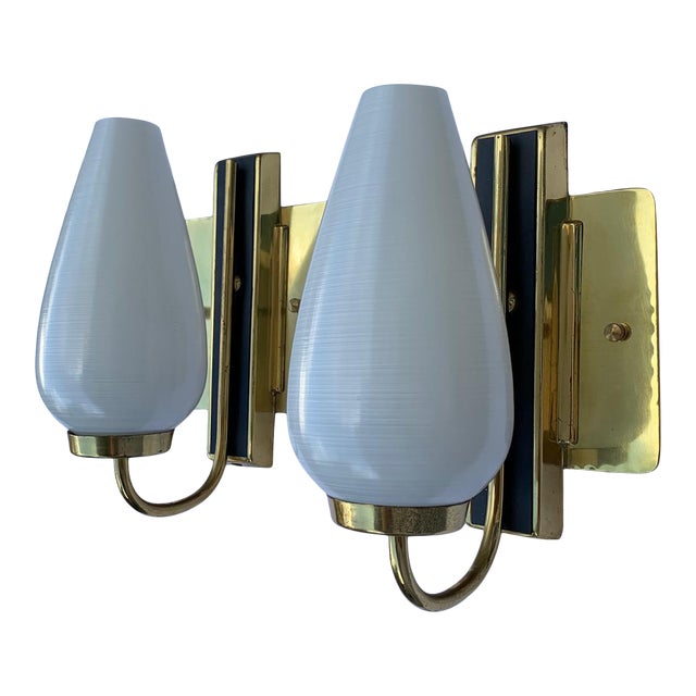 1950s Stilnovo Style White Black and Brass Sconces - a Pair For Sale