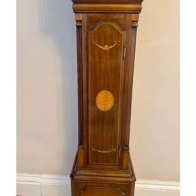 Antique Edwardian Mahogany Inlaid Chiming Grandmother Clock, 1910 For Sale - Image 4 of 10