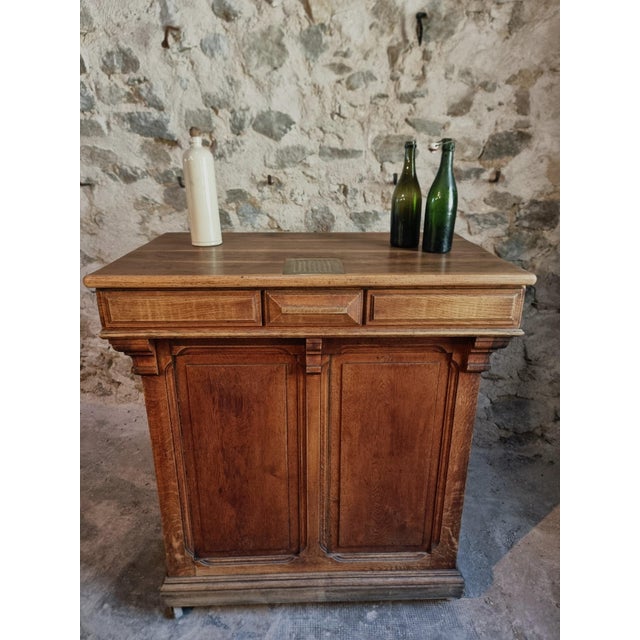 Antique French Oak Shop Counter Kitchen Island on Castors, 1880 For Sale - Image 6 of 18