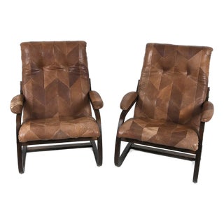 Mid 20th Century Scandinavian Bentwood Lounge Chairs With Patchwork Leather - A Pair For Sale