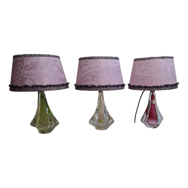 Vintage Belgian Table Lamps in Colored Crystal Glass Feet by Christalleries De Val St Lambert and Lamplove, 1970s, Set of 3 For Sale