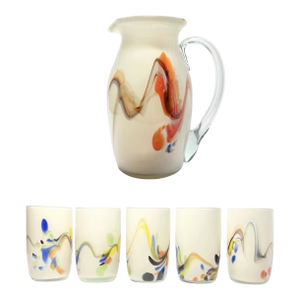 1960s Mid-Century Dalian Glass Co. “Snowflake Series” 6-Piece Pitcher & Tumblers