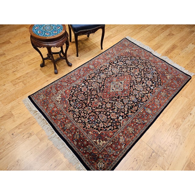 Vintage Kashan Area Rug, Handwoven Floral Pattern, Navy & Brick Red, 4’ X 6’ For Sale - Image 10 of 12