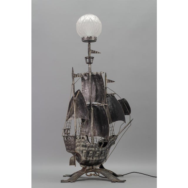 1950s Spanish Wrought Iron and Glass Galleon Sailing Ship Shaped Floor Lamp, 1950s For Sale - Image 5 of 18