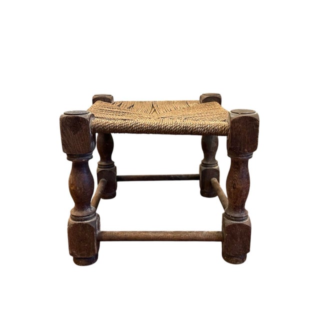 Late 19th Century Antique Folk Art Style Wood & Seagrass Rope Stool / Footstool / Ottoman For Sale - Image 5 of 9