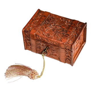 Stunning Hand Carved Antique Victorian Wood Trunk Box Floral Keepsake Casket Home Decor For Sale