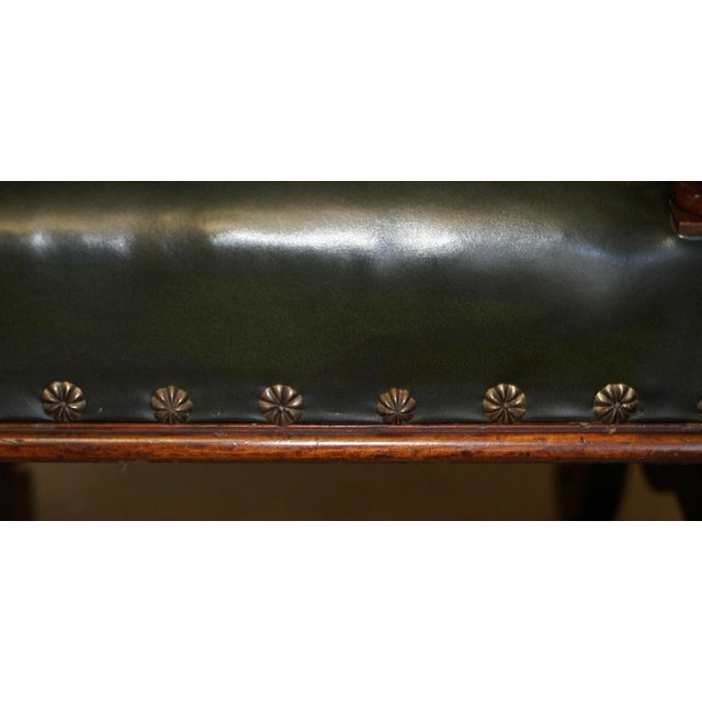 Antique English Hand Carved Throne Armchair in Green Leather, 1880 For Sale - Image 16 of 18