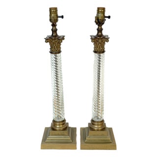 Early 20th Century Baccarat Attributed Gilt Bronze and Spiral Crystal Corinthian Column Lamps - a Pair For Sale