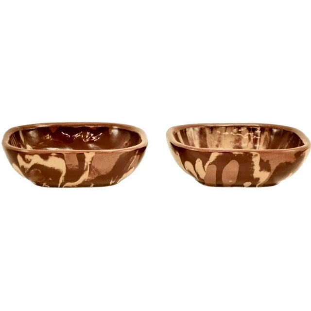 Pair of studio art clay bowls from the big sky state in a three tone swirl of regional colored clays in tan and chocolate...