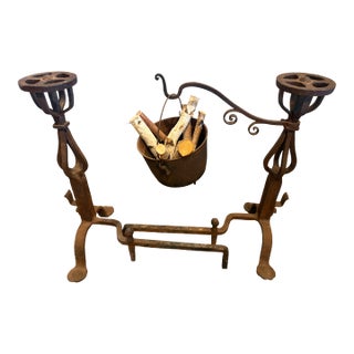 Antique French Andirons With Bucket. Andirons Are Perfectly Upright and Straight. Photo Shows One Leg on and One Leg Off Area Rug. For Sale