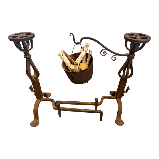 Antique French Andirons With Bucket. Andirons Are Perfectly Upright and Straight. Photo Shows One Leg on and One Leg Off Area Rug. For Sale