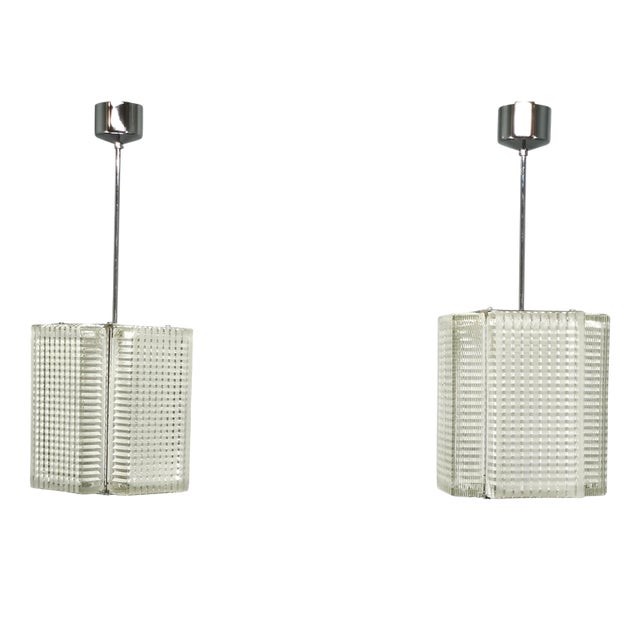 Vintage Pendant Lights in Chrome and Textured Glass from Napako, 1970s, Set of 2 For Sale