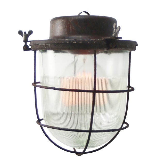 Industrial Vintage Industrial Rust Metal Clear Cut Glass Pendant Light For Sale - Image 3 of 6