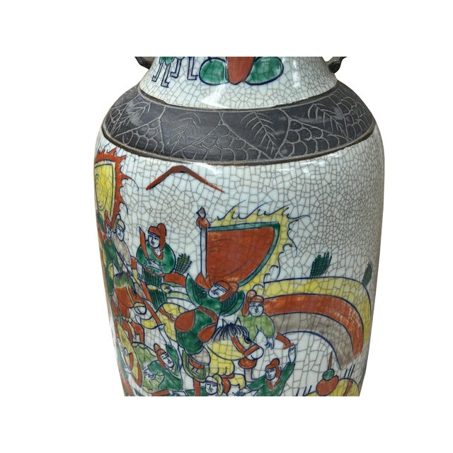Orient Crackle Gray Warrior Graphic Artistic Pottery Ceramic Vase For Sale - Image 10 of 17