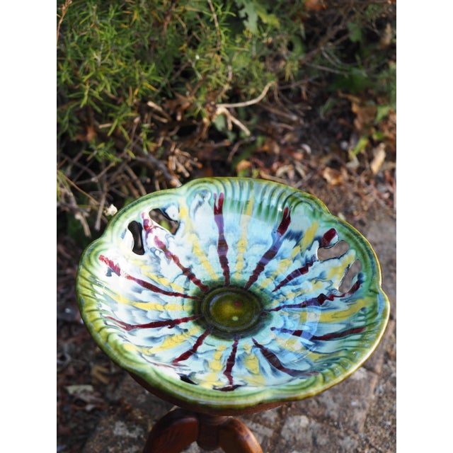 Scheurich Keramik 1970s West Germany Openwork Fruit Bowl With Yellow and Red Drips For Sale - Image 4 of 11