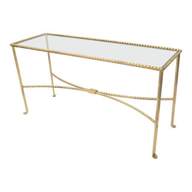 Twisted Rope Forged Gold Finish Glass Top Console Table For Sale