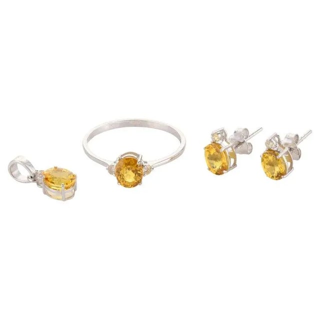 18k Gold Yellow Sapphire and Diamond Pendant, Ring Size 7, Stud Earrings - 4 Pieces For Sale - Image 10 of 11