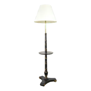 Vintage Black Small Table Floor Lamp With Hand-Painted Gold Laurel Leaves.