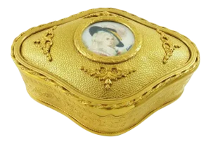 Antique French Dore Bronze Dresser Box With Signed Miniature Portrait / Napoleon III / Serpentine Shaped Jewelry Casket / Hand Painted