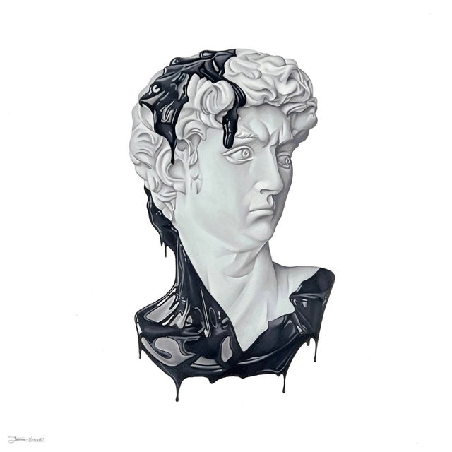 Distortion by Tanner Valant | Colored Pencil on Paper Sculpture of a classical bust with black drips For Sale