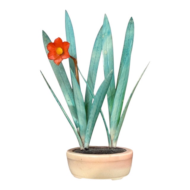 Vintage Japanese Carved Polychrome Potted Flower For Sale