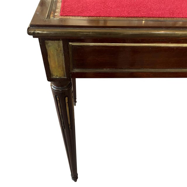 French Mahogany Card Table with Crimson Baize Game Surface and Brass Inlay, Mid-19th Century For Sale - Image 6 of 7