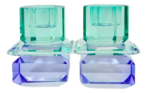 Danish Faceted Crystal Candle Holder Blue and Green Pair