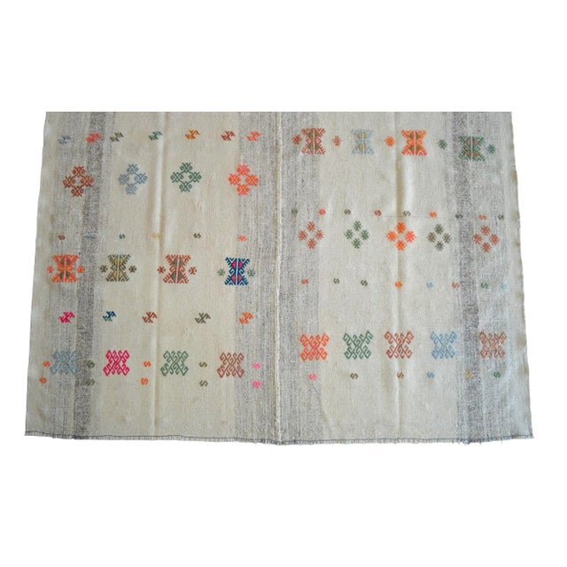 Beige Exceptional Vintage 1950s Turkish Rug Kilim With Jajim Embroidered Handmade Kilim 5'10" X 6'9" For Sale - Image 8 of 11
