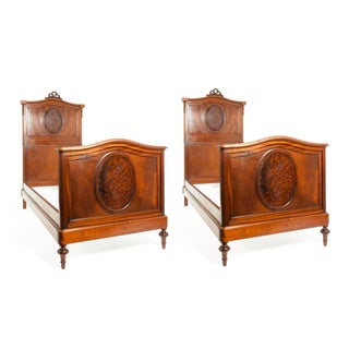 French Hand Carved Walnut / Burl Walnut Single Beds - a Pair For Sale