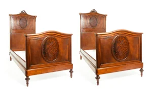 French Hand Carved Walnut / Burl Walnut Single Beds - a Pair